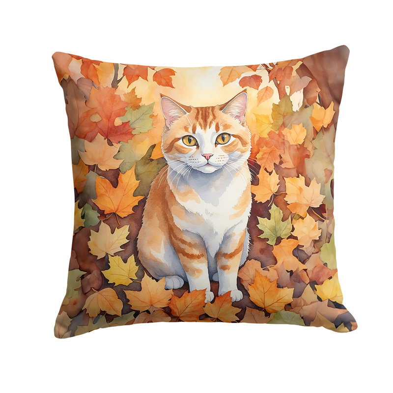 Manx Cat in Fall Leaves Throw Pillow, Square 14"