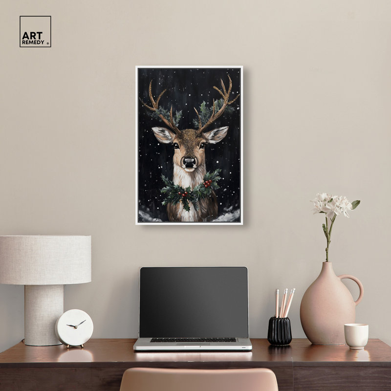 «Deer in Snowfall», reproduction d'art sur toile par Art Remedy, cadre blanc, 16 x 24, H 25 po x l 17 po, Cadre blanc