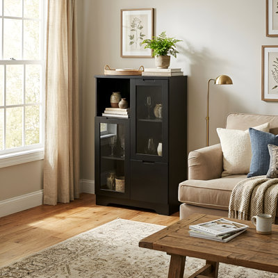 Multipurpose painted Storage Cabinet, Black MDF with Glass Doors & Adjustable openShelves