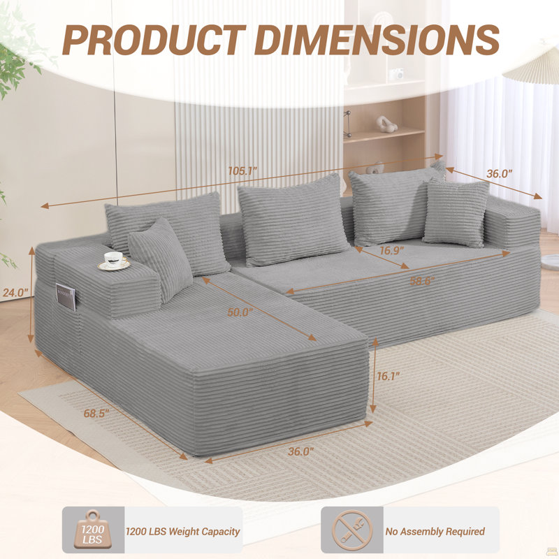 Canapé modulaire modulaire avec méridienne en L, fauteuils en velours côtelé, Velours côtelé gris