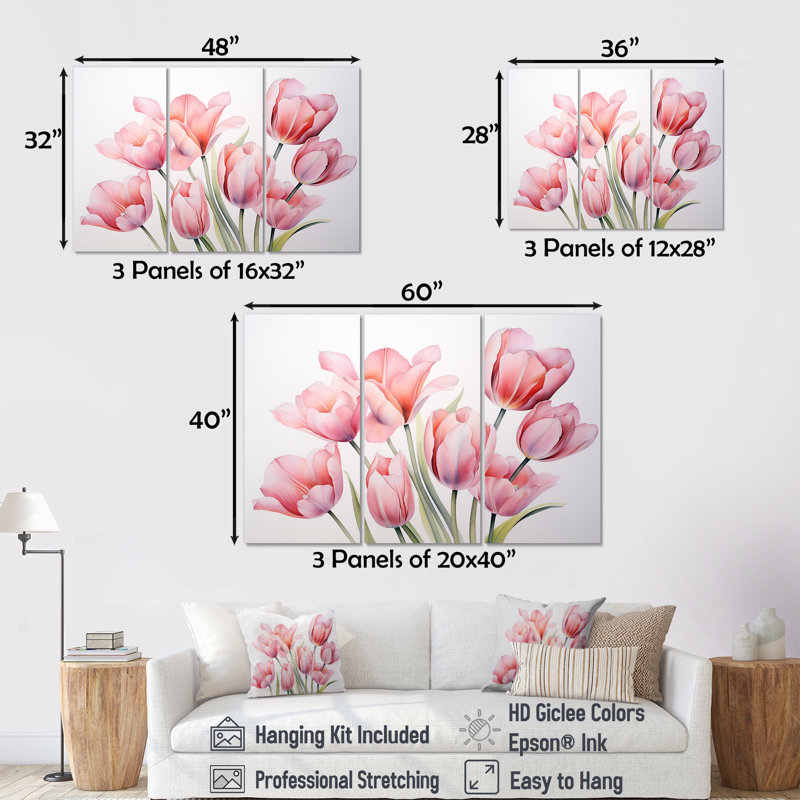 Tulipes, minimalisme, ensemble d'art sur toile, Toile tendue, H 40 po x l 60 po x P 1 po