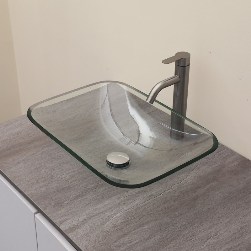 20-1/4 in. Clear Glass Rectangular Vessel Bathroom Basin Sink with Chrome Pop-up Drain