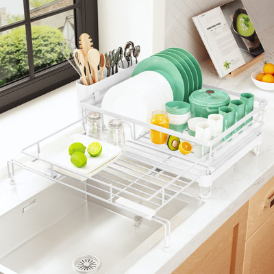 Extendable Dish Drying Rack - Rust-Resistant Dish Racks for Kitchen Counter with Adjustable Support Legs, Cutlery Holder & Removable Draining Tray (White, 15.6''-25.2''L × 16.9''W × 8.1''H)