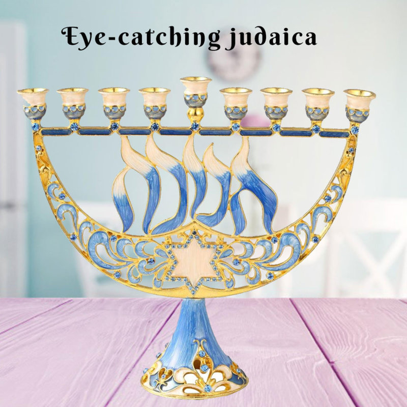 Ensemble de menorah et dreidel - candélabre en émail peint à la main avec étoile de David et Hanoukka et 2 quarts de dreidels tournants peints à la main par Matashi