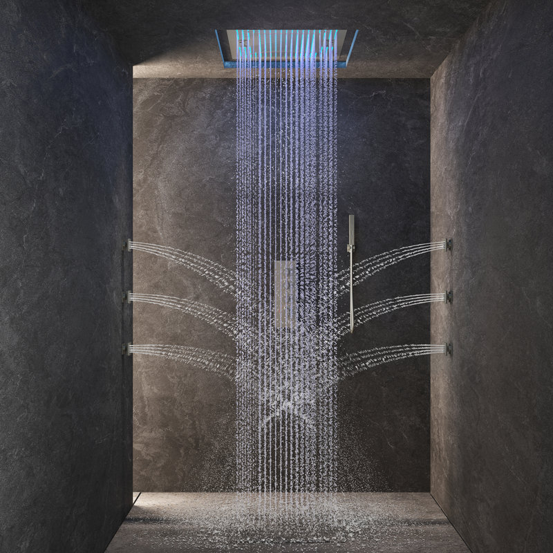Brushed Nickel Square LED Rain Shower System with Handheld and Bluetooth Speaker