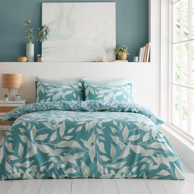 Botanical Polycotton Duvet Cover Set with Pillowcases - Breathable Fabric Soft Leaf Print Bedding in Single Double King, King