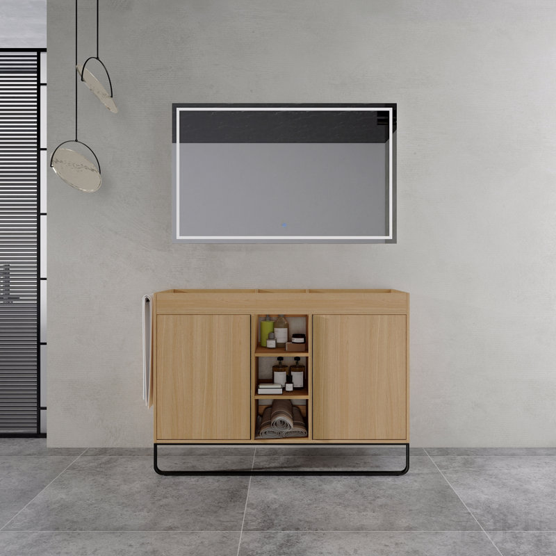 Meuble de salle de bain autoportant de 48 po (47-1/16 po), 2 portes à fermeture douce et 3 étagères de rangement ouvertes, emballage démonté (meuble-lavabo seulement, sans lavabo)