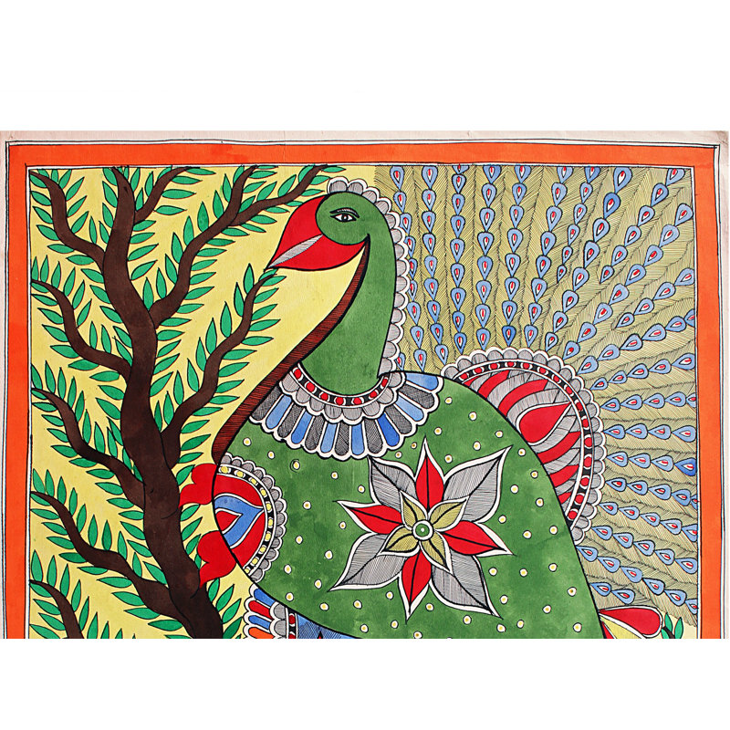 Paon vert exquis | Peinture Madhubani | Couleurs naturelles sur papier fait à la main