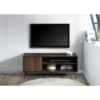 Meuble télé moderne en faux bois avec rangement à plusieurs niveaux