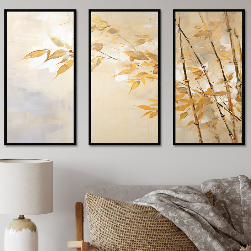 Zen Moment Bamboo - ensemble d'art mural en toile de bambou, H 28 po x l 36 po x P 1 po, Cadre flottant noir