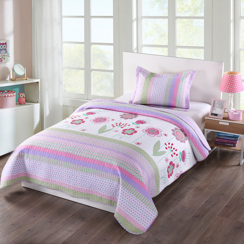 Pink and Purple Floral Microfiber Twin Quilt Set
