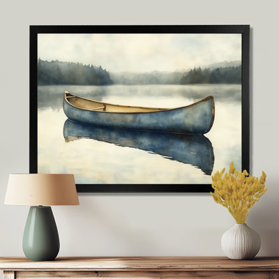 Blue Beige Soft Canoe Lake II - House Cottage Picture Framed Wall Art