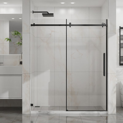 Porte de douche coulissante l 60 po x H 72 po, porte de douche en verre lisse sans cadre, verre trempé transparent de 1/4 po (6 mm) d'épaisseur avec revêtement facile à nettoyer, quincaillerie en acier inoxydable, noir mat