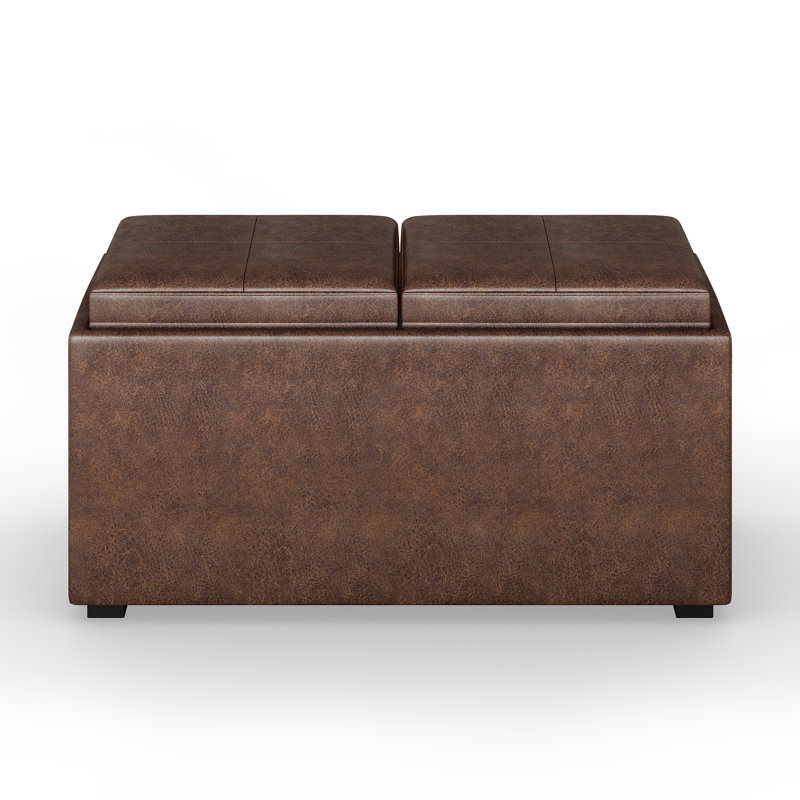 Avalon 35"W Upholstered Storage Ottoman Set with 5 Pieces and Flip-Over Serving Tray Lids, Radicchio Red Faux Leather