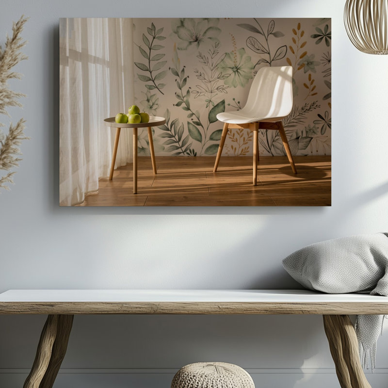 Toile d'une scène intérieure sereine avec une chaise blanche minimaliste avec art mural, pieds en bois placés à côté d'une petite table ronde, art mural sur toile