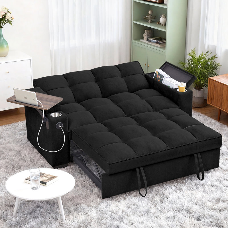 Latitude Run® 65'' 3-in-1 Convertible Sofa Bed, Pull out Sleeper Sofa with 360° Swivel Side Table, USB, Cup Holder, Storage Armrest