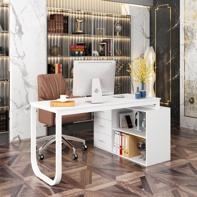 Computer Desk with 3 Drawers, 1 Door and 1 Storage Shelf, Office Desk with Drawers Latitude Run Color: White