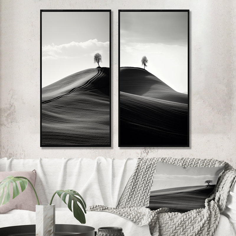 «Black and White Desert Scenery», ensemble de 2 reproductions d'art mural du désert, Cadre noir, H 40 po x l 41 po