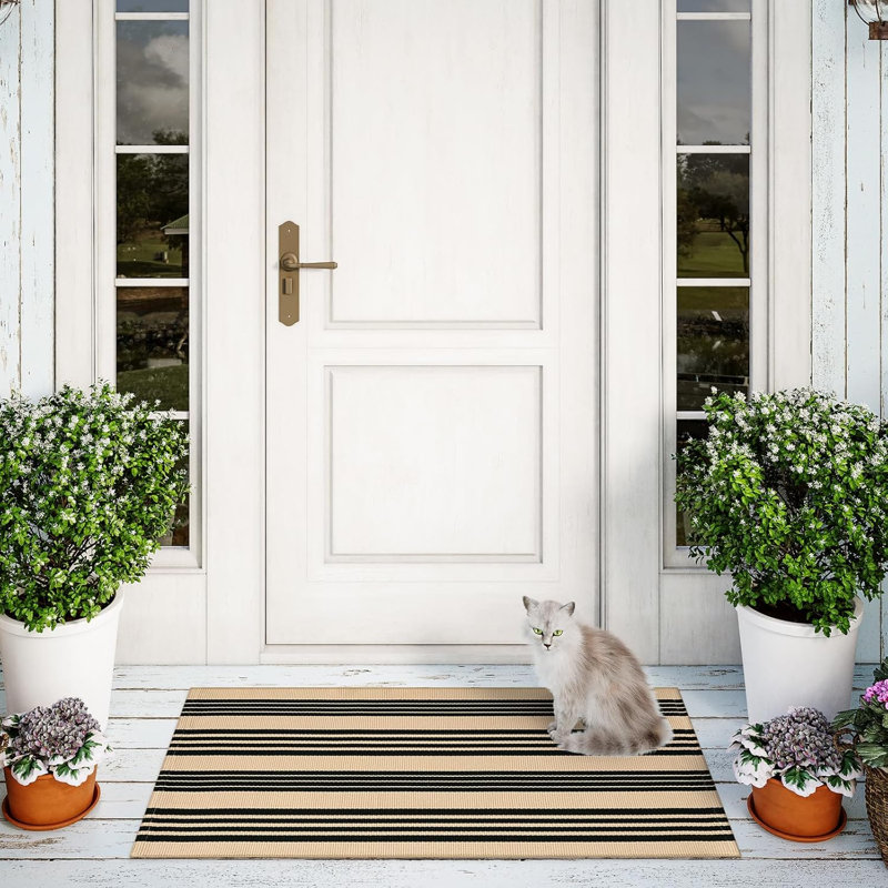 Striped Outdoor Front Door Mat 24"X51", Cotton Hand Woven Washable Black And Khaki Rug Runner, Reversible Foldable Indoor Layered Front Door Rugs For Entryway/Farmhouse/Home Entrance