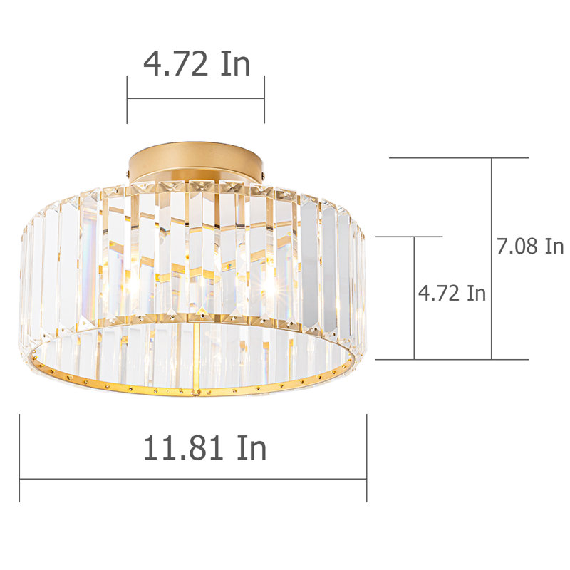 Plafonnier semi-encastré en cristal, H 7 po x l 11,8 po x P 11,8 po