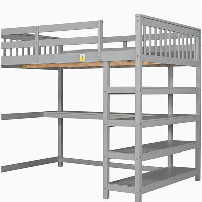 Lit mezzanine double avec tablettes de rangement et bureau sous le lit, gris (VIEUX SKU: SM000246AAE-1)