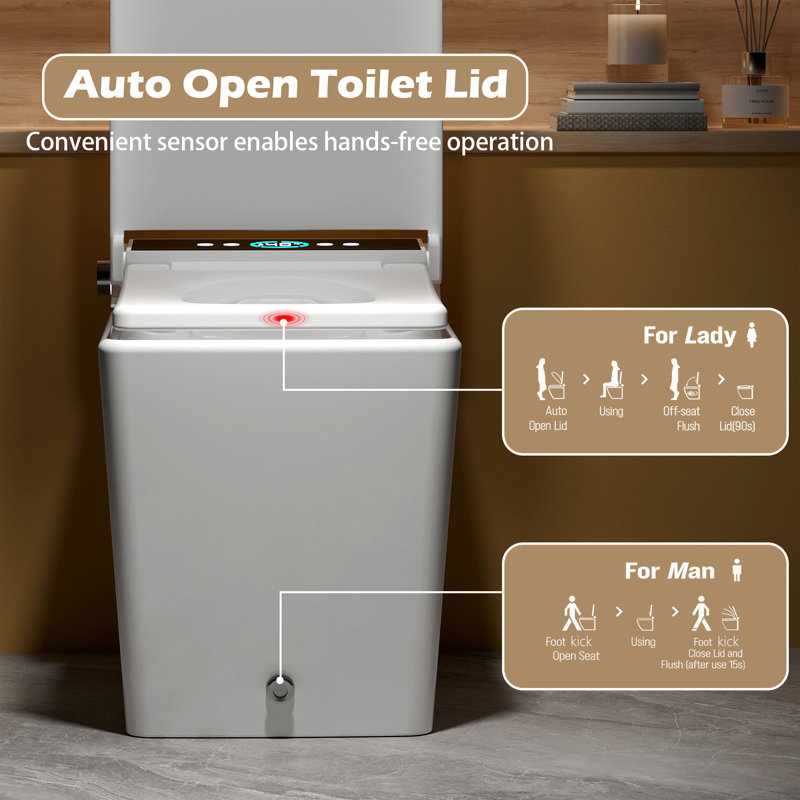 Yingze Square Smart Toilet with Bidet & Auto Foam Shield – Tankless Heated Seat, Foot Sensor Flush, Instant Warm Water, Air Dryer, LED Night Light, Self-Cleaning Nozzle, Modern One-Piece Toilet