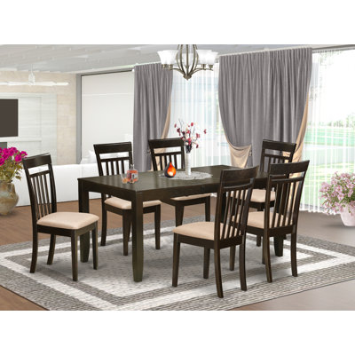 7 Piece Dining Room Table Set Consist of a Rectangle Wooden Table with Butterfly Leaf and 6 Linen Fabric Kitchen Dining Chairs, Cappuccino