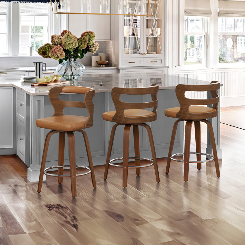 Mundrae Swivel Upholstered Barstool With Wood Frame, Rubber Wood Legs,  Light Whisky Brown/Walnut