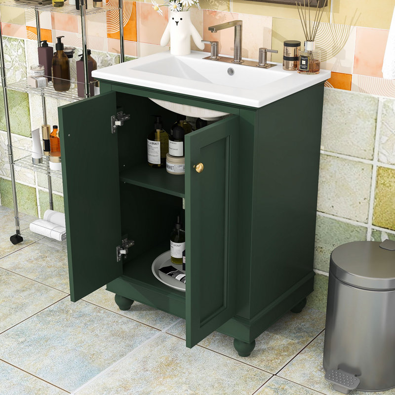 Meuble-lavabo de salle de bain avec lavabo en céramique et tablette réglable, Green