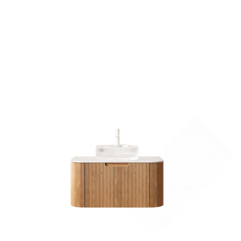 Meuble-lavabo de 30 pouces avec lavabo, armoire de rangement murale à bords arrondis avec tiroir, lavabo et comptoir en verre transparent transparent, pré-assemblé