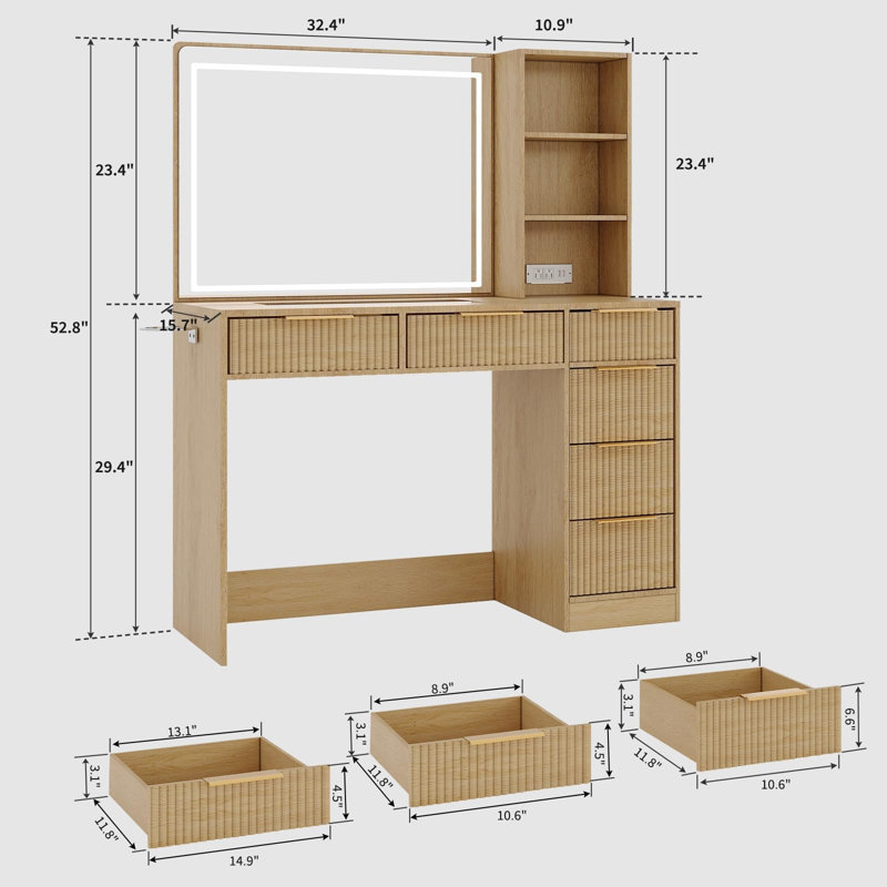 Meuble-lavabo cannelé de 52 po avec miroir et éclairage réglable, Tanné