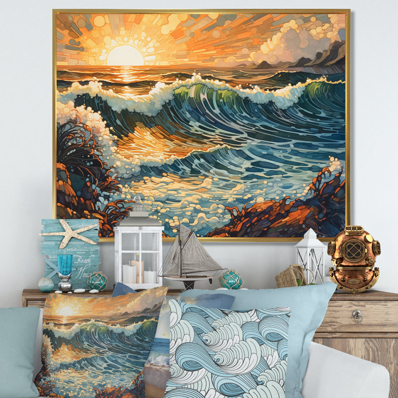 Impression sur toile Bright Sun Majestic Waves I, H 30 po x l 40 po x P 1,5 po, Cadre flottant doré