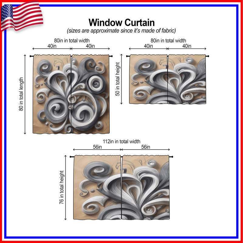 Rideaux à volutes grises tourbillonnantes, voilage et obscurcissement - 2 panneaux, 40in x 50in - 2 panels, Transparent