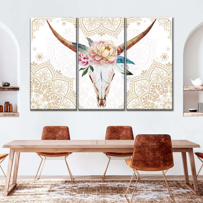 " Bull Skull Floral Multi Piece Canvas Print " 3 - Pieces