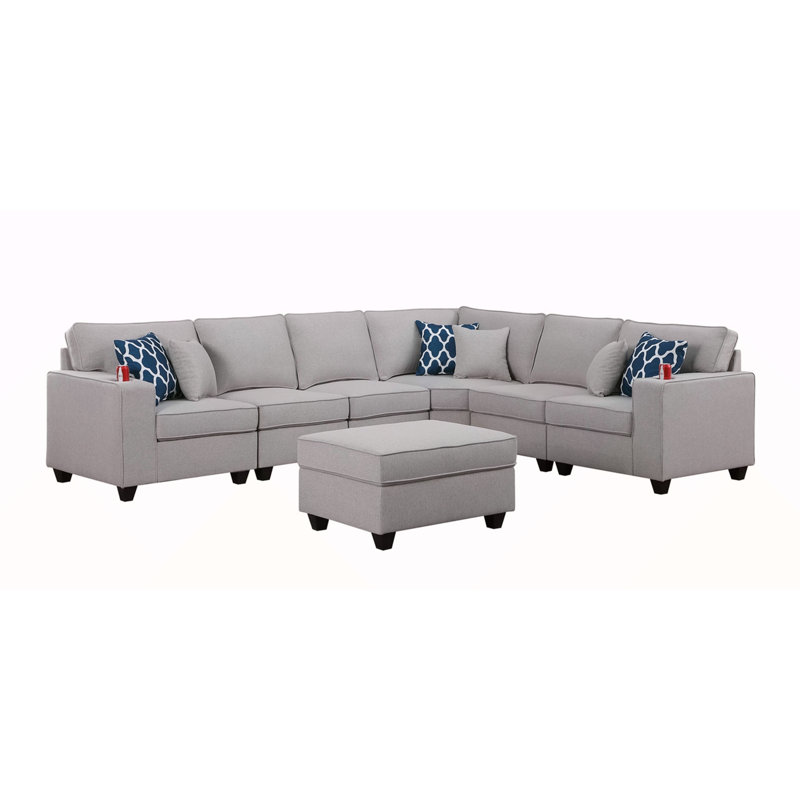 Canapé modulaire en L gris clair de 7 po avec repose-pieds et porte-gobelet Cooper, Lin gris pâle
