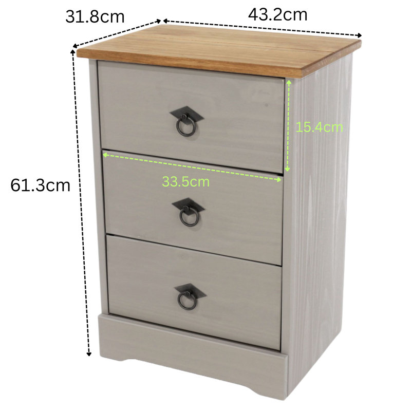 Crespo 3 Drawer Bedside Cabinet, Waxed Finish, 44cm