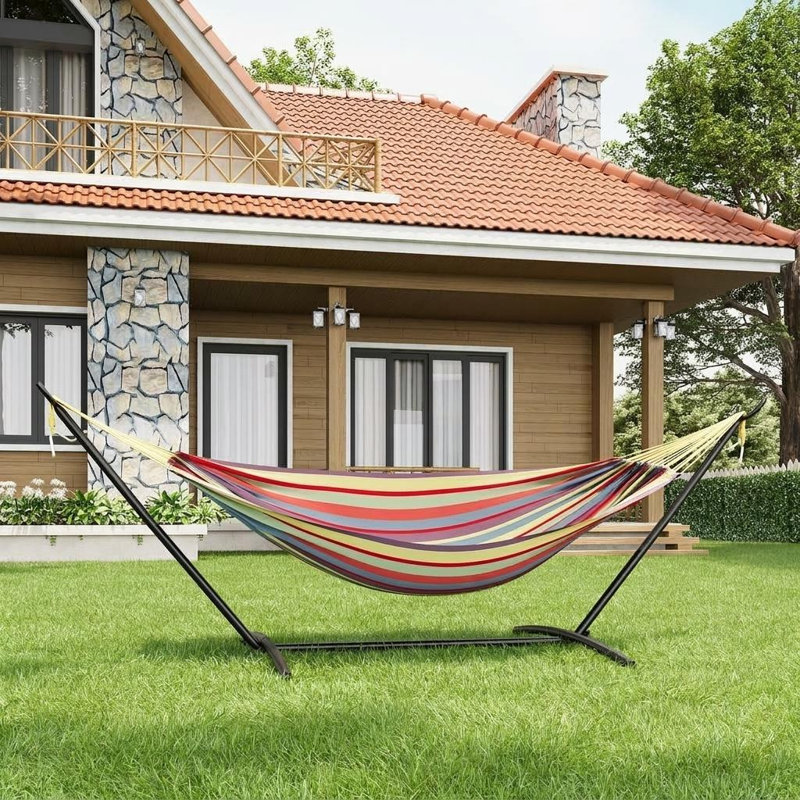 Hamac double avec support en acier peu encombrant, hamac robuste pour 2 personnes avec sac de transport, assemblage facile, capacité de 350 lb pour le camping sur la terrasse intérieure ou extérieure, rayures gris foncé et blanches