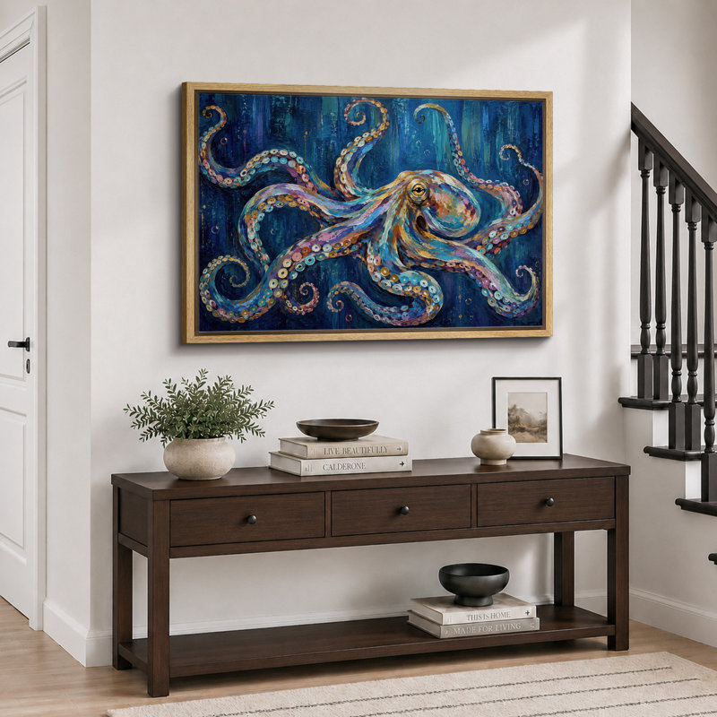Art de pieuvre colorée, impression sur toile, impression sur toile encadrée, H 24 po x l 36 po x P 1,5 po, Cadre naturel
