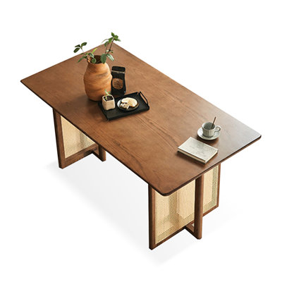 Brown + Beige Rectangular Solid Wood + Rattan Dining Table