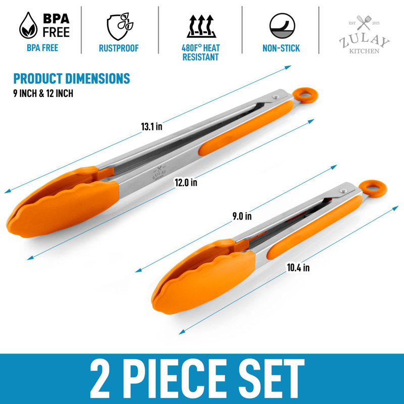 Zulay Kitchen Tongs For Cooking - 2 Pack 9" & 12" Stainless Steel Silicone Tong Set, Orange