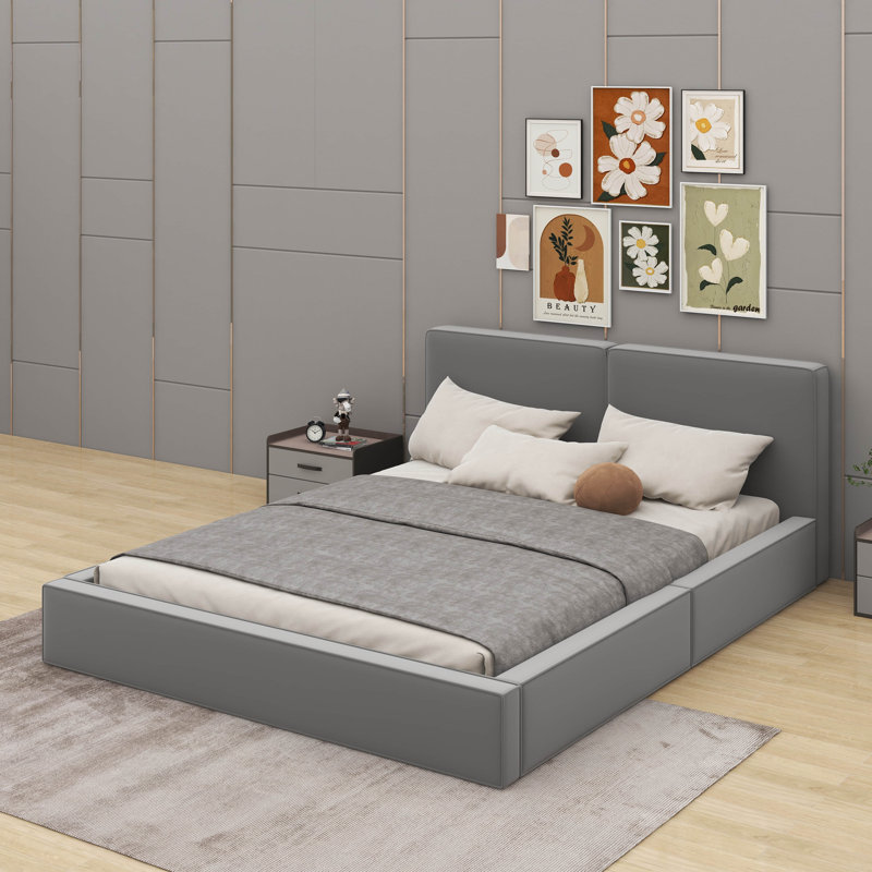 Grand lit tapissier au sol en velours, Gris