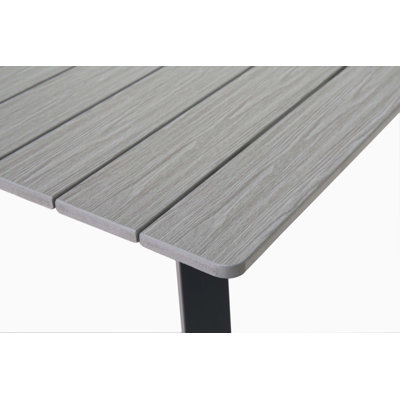 Square Patio Dining Table with Umbrella Hole, Heavy-Duty Iron Frame Wood-Plastic Composite Tabletop, All-Weather Outdoor Indoor Table for Garden, Balcony, Backyard