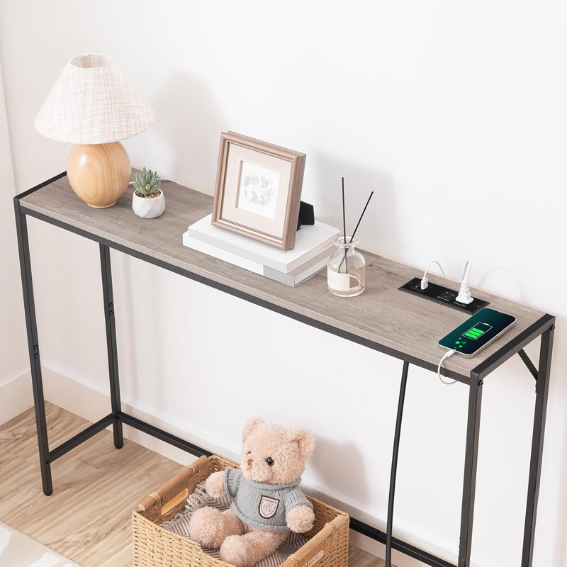 43.3” Entrance Table with Power Station, Behind Couch Table, Marble/Black, 29.2" H x 43.3" W x 9.4" D