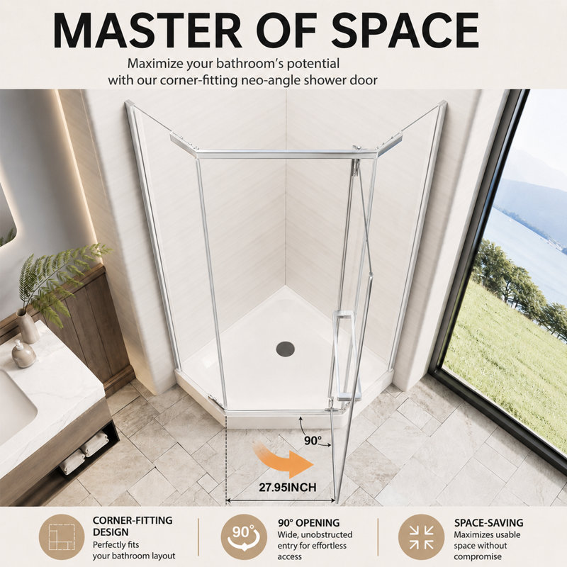 Cascada 36 W x 36D x 72H Neo-Angle Corner Shower Enclosure with 1/4 in. Clear Tempered Glass, Stainless Steel Frame, Safety Film & Easy-Clean Nano Coating, Base Not Included