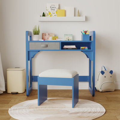 Ensemble de bureau et chaise pour enfants, bureau d'étude pour garçons et filles, table d'écriture en bois pour enfants avec tiroirs en tissu et porte-stylo, bleu
