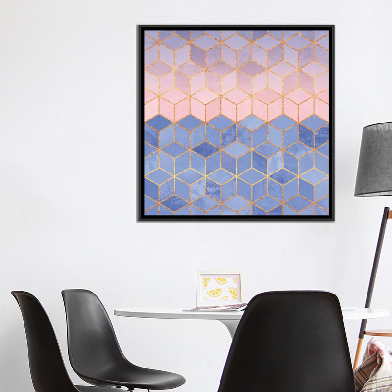 Quartz rose et cubes de sérénité, H 18 po x l 18 po x P 1,5 po, Toile avec cadre noir, Pas de tapis