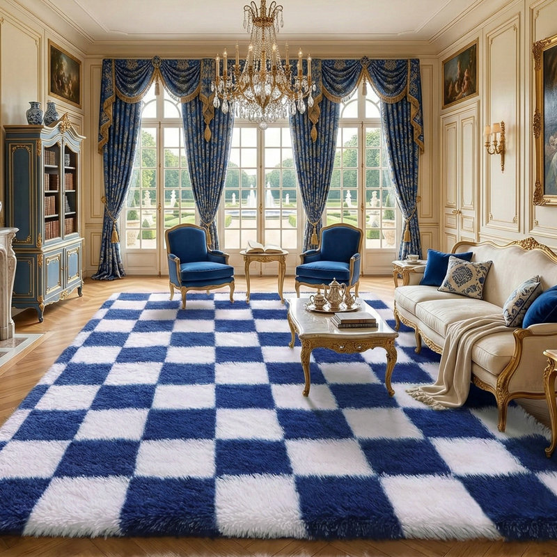 Plush Checkered Shag Area Rug - Soft Fluffy Blue & White Grid Fleece Carpet for Living Room, Bedroom, Dry-Clean Only, High-Pile Shaggy Rug with Modern Checkerboard Pattern, Cozy Non-Slip Floor Decor for Contemporary Home Spaces