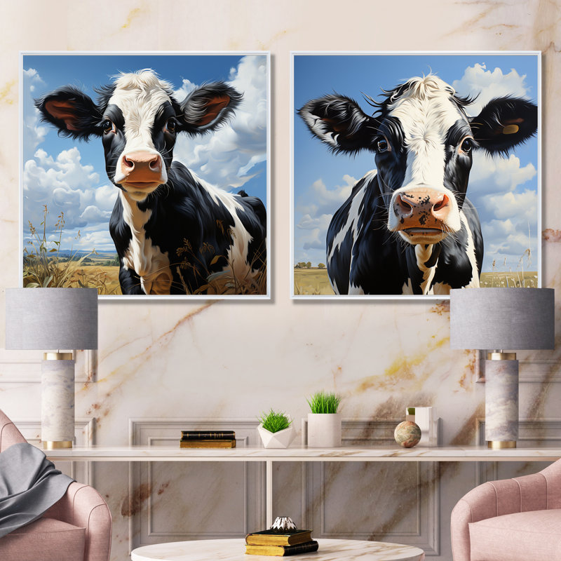 «Black and White Cow Grazing The Meadows I», ensemble de 2 impressions sur toile, Cadre flottant blanc