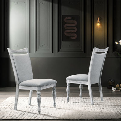 Of 2 Rustic White Upholstered Dining Chairs - Thick Foam Filled, Solid Rubberwood Frame, Elegant , Grey Seat And Back Chair  2  Rubberwood, Fill, Curve, Versatile Upholstery For