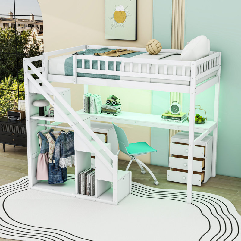 Lit mezzanine en bois avec bureau, lumière DEL, tiroirs de rangement et escalier, Simple, Blanc